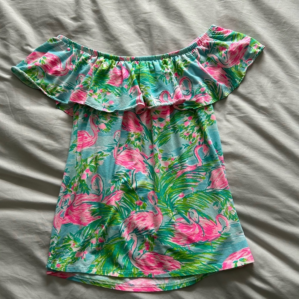 Lilly Pulitzer La Fortuna Off The Shoulder Flamingo Print Ruffle Top - Picture 2 of 9